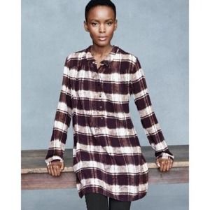 Garnet Hill Tunic Top Popover Plaid Pocket Detail Crepe Burgundy Striped Sz 16